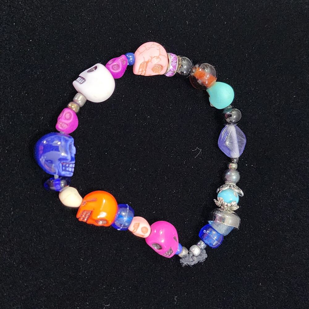 Handmade Day Of The Dead Dia De Los Muertos Skull Bead Bracelet Corded Halloween